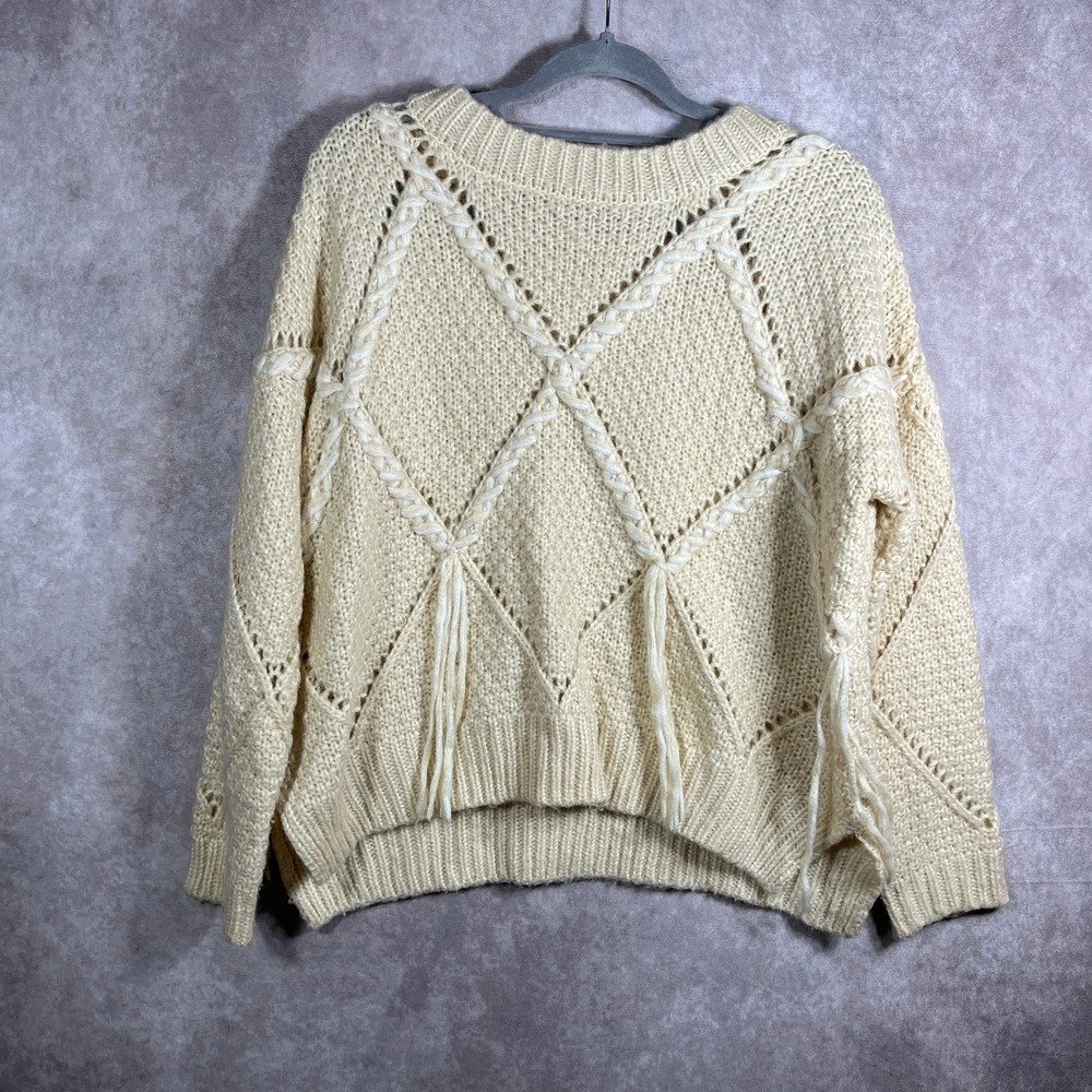 Moon River Sweater Womens Small Cream Chunky Knit Diamond Pullover Crew Neck